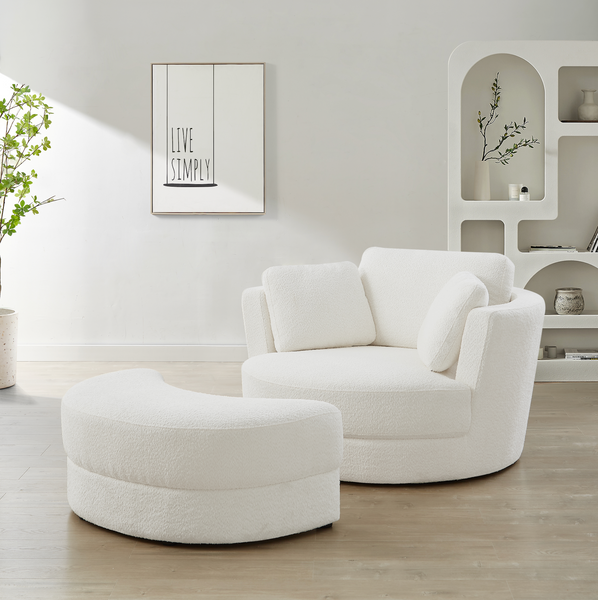 Brandy White Boucle Swivel Chair with Ottoman Furniture Forum